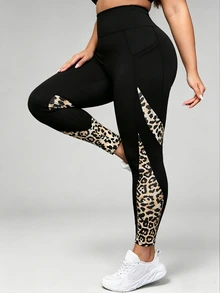 SHEIN Unity Women's Plus Size Leopard Print Patchwork Pocket Sports Leggings - Multicolor - View 5