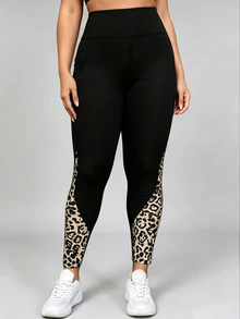SHEIN Unity Women's Plus Size Leopard Print Patchwork Pocket Sports Leggings - Multicolor - View 4