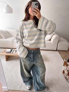 SHEIN EZwear 海外長袖條紋T恤，秋季上衣，適合日常通勤、聚會、夏季、聖誕節、新年、感恩節、派對、婚禮、海灘、出遊、約會、情人節，優雅度假Y2K風格 - 彩色 - 查看 5