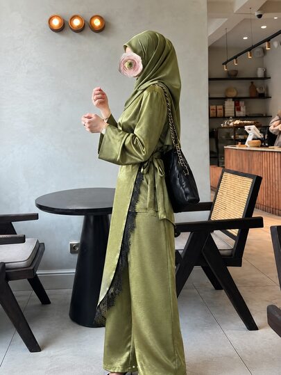 Yasmyna Grass Green Loose Cuff Round Neck Lace Trim Waist Belt Cinched Waist Glossy Satin Elegant Luxurious Date Banquet Low-Key Old Money Women's Arabic Outfit Set