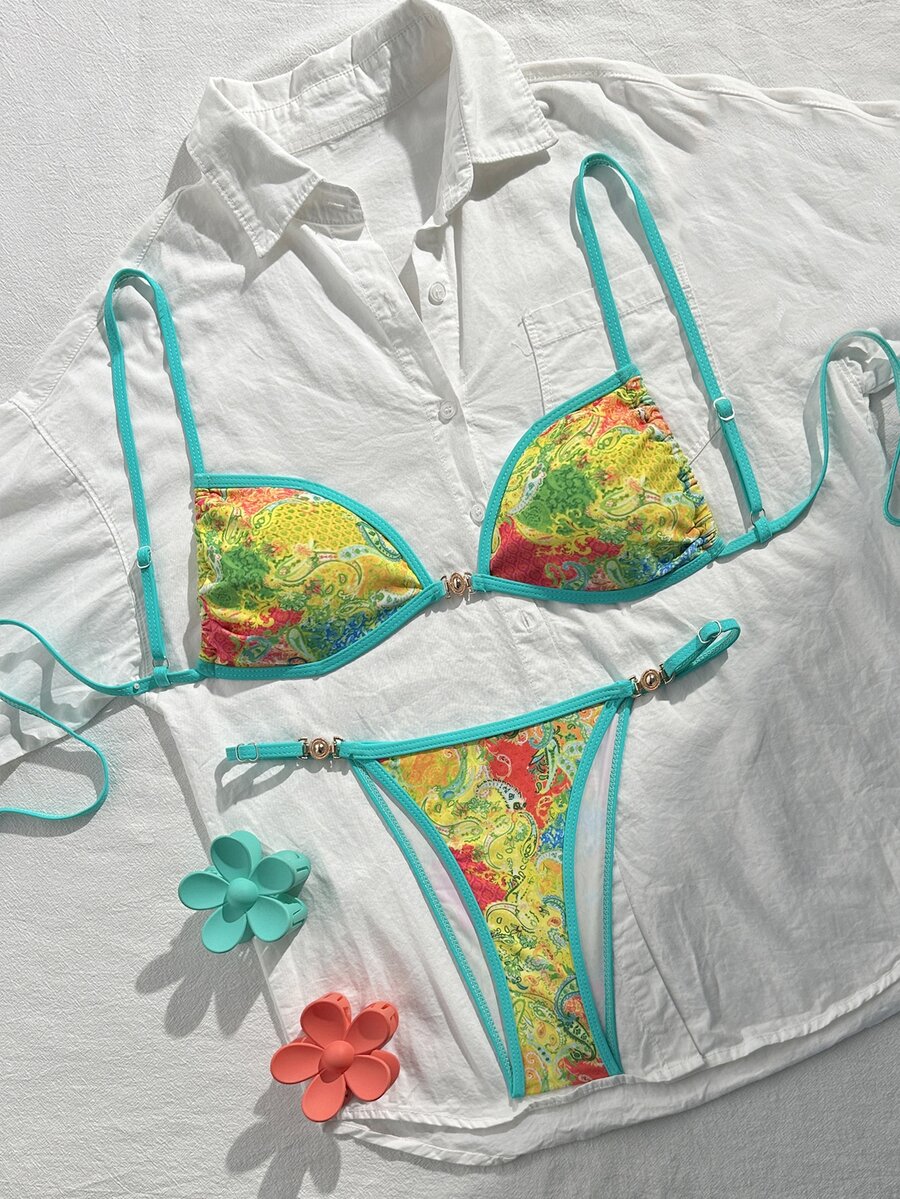 SHEIN Swim 2件組女款海灘度假情人節海灘派對泳衣,綠黃印花比基尼,夏季性感款 - 彩色 - 查看 1