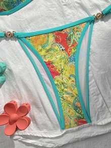 SHEIN Swim 2件組女款海灘度假情人節海灘派對泳衣，綠黃印花比基尼，夏季性感款 - 彩色 - 查看 4