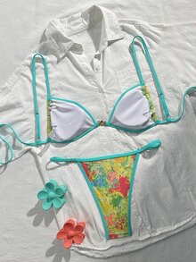 SHEIN Swim 2件組女款海灘度假情人節海灘派對泳衣，綠黃印花比基尼，夏季性感款 - 彩色 - 查看 2