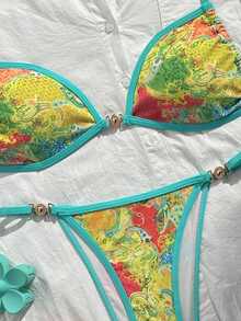 SHEIN Swim 2件組女款海灘度假情人節海灘派對泳衣，綠黃印花比基尼，夏季性感款 - 彩色 - 查看 6