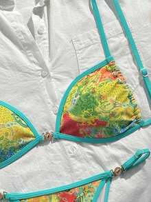 SHEIN Swim 2件組女款海灘度假情人節海灘派對泳衣，綠黃印花比基尼，夏季性感款 - 彩色 - 查看 5