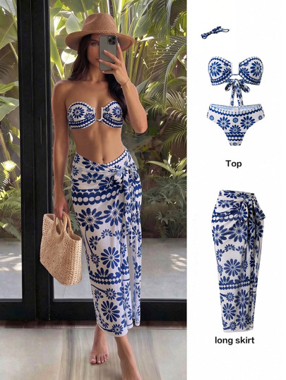 Bonvoyette Women's Spring, Summer Autumn Beach Blue Vacation New Style Blue And White Porcelain Print Backless U-Neck Camisole Top, Half Skirt, Three-Piece Set