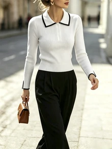 SHEIN Women's Colorblock Casual Daily Long Sleeve Sweater - Apricot - View 6