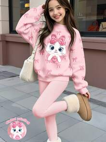 Set Pakaian Kasual Musim Gugur untuk Anak Perempuan Besar, 2 Potong, Motif Bordir Pita & Kucing Imitasi, Sweater Leher Bulat & Legging Pinggang Elastis - MultiWarna - View 2