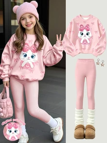 Set Pakaian Kasual Musim Gugur untuk Anak Perempuan Besar, 2 Potong, Motif Bordir Pita & Kucing Imitasi, Sweater Leher Bulat & Legging Pinggang Elastis - MultiWarna - View 5