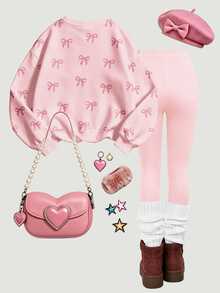 Set Pakaian Kasual Musim Gugur untuk Anak Perempuan Besar, 2 Potong, Motif Bordir Pita & Kucing Imitasi, Sweater Leher Bulat & Legging Pinggang Elastis - MultiWarna - View 3