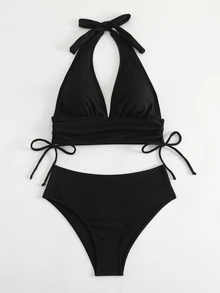 Breezaya Summer Beach Solid Color Texture Bikini Set Music Festival - Black - View 6