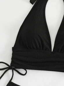 Breezaya Summer Beach Solid Color Texture Bikini Set Music Festival - Black - View 5
