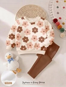 Vintage Girl 摩卡棕色可愛甜美卡通花卉圖案印花，少女休閒抓絨內裡柔軟寬鬆圓領衛衣與刷毛內裡內搭褲套裝，新款適合秋冬日常、外出、假期、農場 - 彩色 - 查看 3
