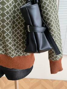Trelyra Women's Regular Fit Colorblock Plaid Drop Shoulder Long Sleeve V-Neck Loose Cardigan - Green - View 3