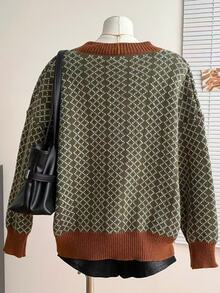 Trelyra Women's Regular Fit Colorblock Plaid Drop Shoulder Long Sleeve V-Neck Loose Cardigan - Green - View 2