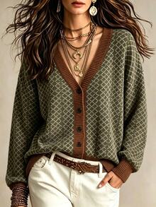 Trelyra Women's Regular Fit Colorblock Plaid Drop Shoulder Long Sleeve V-Neck Loose Cardigan - Green - View 1