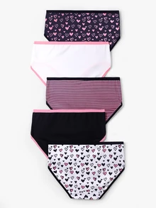 SHEIN 5pcs/Set Teenagers Girls' Simple Bow, Heart, Letter Series Soft & Comfy Briefs,Summer Travel Autumn Fall - Multicolor - View 3