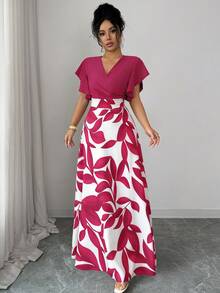 Elenzga Women's Elegant Burgundy Red Leaf Pattern Ruched Cap Sleeve Fitted Dress, Spring/Summer - Hot Pink - View 5
