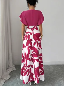 Elenzga Women's Elegant Burgundy Red Leaf Pattern Ruched Cap Sleeve Fitted Dress, Spring/Summer - Hot Pink - View 2