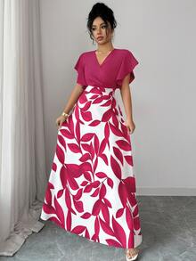 Elenzga Women's Elegant Burgundy Red Leaf Pattern Ruched Cap Sleeve Fitted Dress, Spring/Summer - Hot Pink - View 7