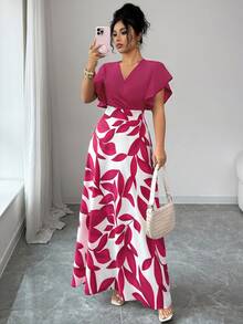Elenzga Women's Elegant Burgundy Red Leaf Pattern Ruched Cap Sleeve Fitted Dress, Spring/Summer - Hot Pink - View 6