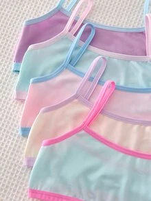 5pcs/Set Baju Dalam Tank Top Camisole Kasual Sehari-hari Motif Macaron Lucu dan Manis dengan Pita Kontras Warna, Minimalis, Modis, Multi-Warna, Terbuat dari Kain Rajut Elastis Tinggi, Cocok untuk Semua Musim - MultiWarna - View 4