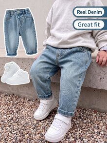 SHEIN Baby Boys Denim Long Pants Summer New Casual Cute Playful Style Light Blue Vintage Distressed Washed Denim Fabric Side Elastic High Waist Fitted Tapered Soft Skin-Friendly Pure Cotton Denim Material Daily Versatile Matching Sweatshirts T-Shirts Daily Outings Travel Spring Summer Denim Long Pants - Medium Wash - View 2