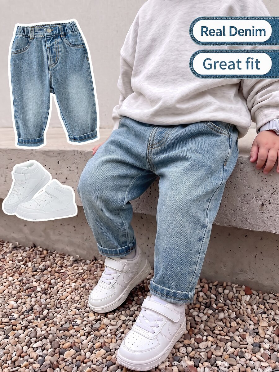 SHEIN Baby Boys Denim Long Pants Summer New Casual Cute Playful Style Light Blue Vintage Distressed Washed Denim Fabric Side Elastic High Waist Fitted Tapered Soft Skin-Friendly Pure Cotton Denim Material Daily Versatile Matching Sweatshirts T-Shirts Daily Outings Travel Spring Summer Denim Long Pants