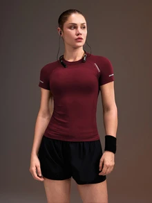 Powerista Women's Letter Print Raglan Short Sleeve Sports T-Shirt - Burgundy - View 4