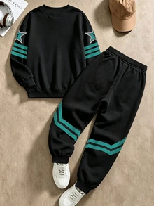 2件組青少年男孩運動衫套裝，街頭風黑色薄荷色字母星星條紋印花，寬鬆圓領，秋季開學返校穿搭 - 彩色 - 查看 2