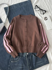 SHEIN Tween Girls Pink Tape Solid Brown Cardigan Sweater, Round Neck Long Sleeve Crop Knitwear - Brown - View 4