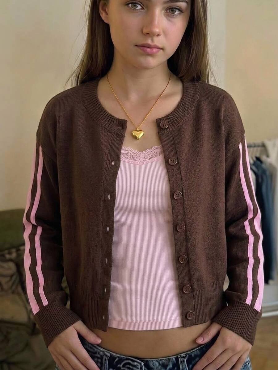 SHEIN Tween Girls Pink Tape Solid Brown Cardigan Sweater, Round Neck Long Sleeve Crop Knitwear - Brown - View 1