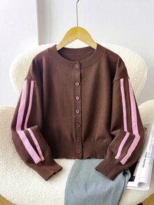 SHEIN Tween Girls Pink Tape Solid Brown Cardigan Sweater, Round Neck Long Sleeve Crop Knitwear - Brown - View 2