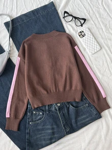 SHEIN Tween Girls Pink Tape Solid Brown Cardigan Sweater, Round Neck Long Sleeve Crop Knitwear - Brown - View 3