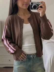 SHEIN Tween Girls Pink Tape Solid Brown Cardigan Sweater, Round Neck Long Sleeve Crop Knitwear - Brown - View 9