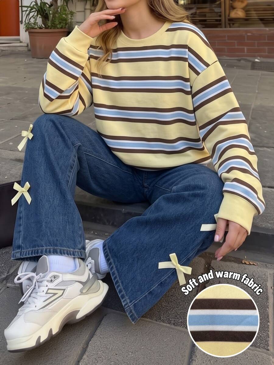 SHEIN Sparklyn 少女黃色甜美兩件套,拼色條紋毛絨衛衣搭配蝴蝶結寬腿牛仔褲,冬季 - 彩色 - 查看 1