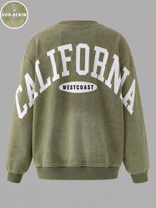 青少年男孩數位印花 California 英文字母時尚休閒圓領運動衫 綠色長袖上衣 - 彩色 - 查看 2