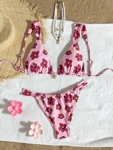 Swim Mod Women Pink Floral Print Bikini Set, 2pcs Beach Party Swimwear For Summer Beach Vacation Sexy Flowy - Pink - View 4