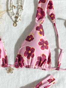 Swim Mod Women Pink Floral Print Bikini Set, 2pcs Beach Party Swimwear For Summer Beach Vacation Sexy Flowy - Pink - View 6