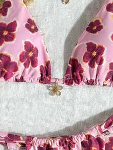 Swim Mod Women Pink Floral Print Bikini Set, 2pcs Beach Party Swimwear For Summer Beach Vacation Sexy Flowy - Pink - View 7