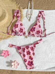 Swim Mod Women Pink Floral Print Bikini Set, 2pcs Beach Party Swimwear For Summer Beach Vacation Sexy Flowy - Pink - View 3