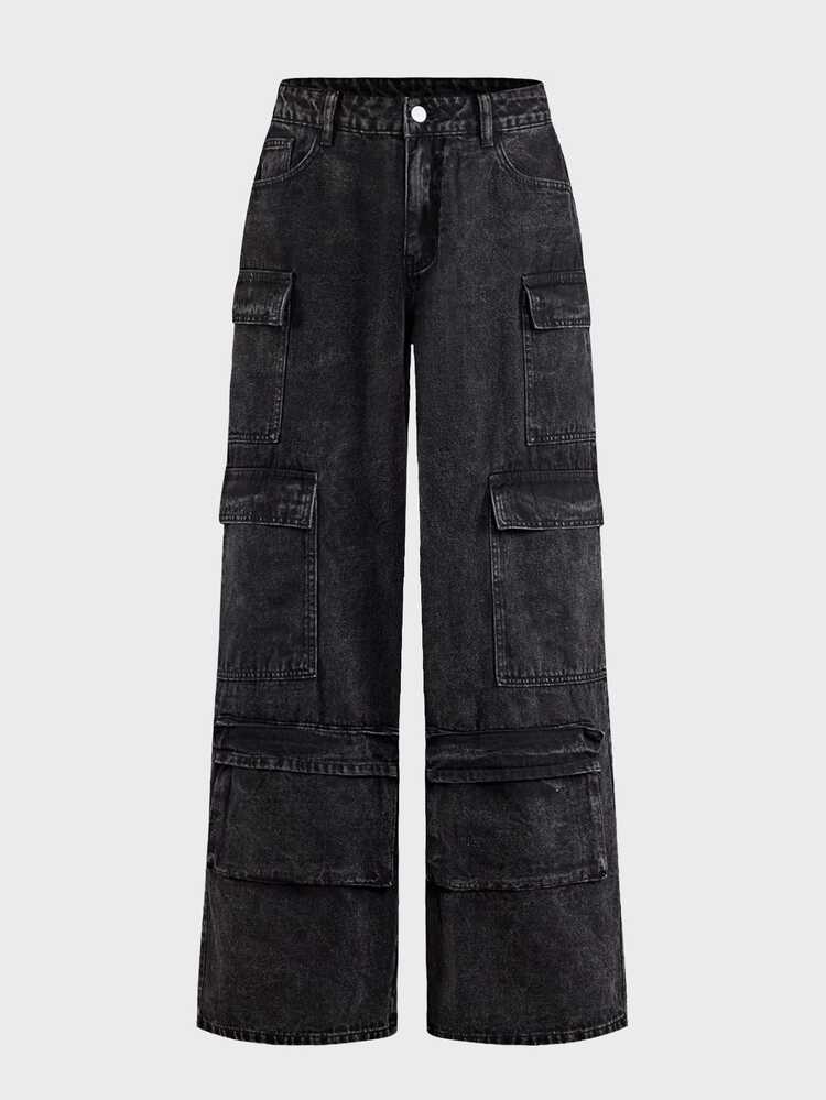 AXEPEAK Men's Multi-Pocket 3D Pocket Washed Vintage Long Pants - Black - View 2