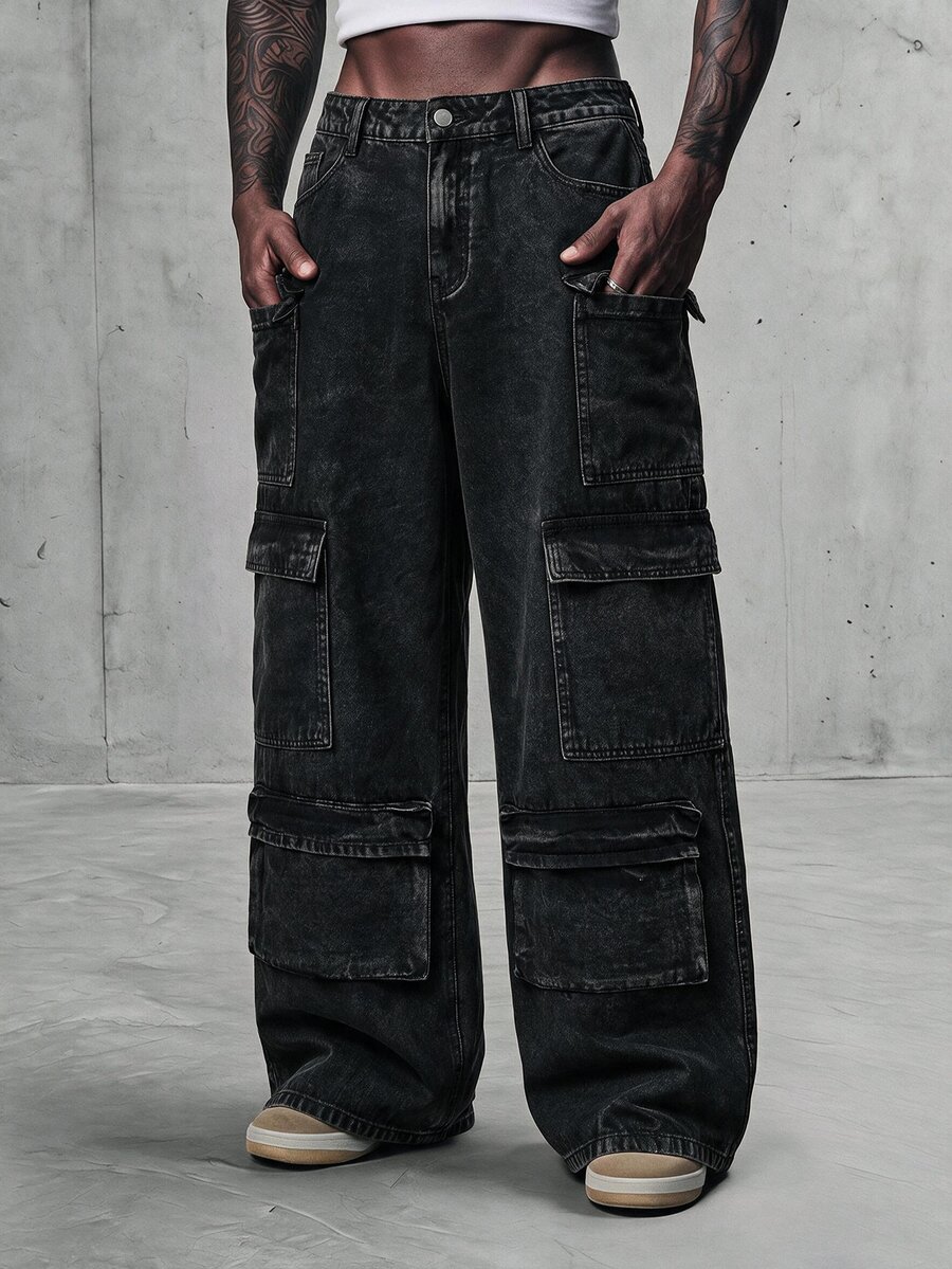 AXEPEAK Men's Multi-Pocket 3D Pocket Washed Vintage Long Pants - Black - View 1
