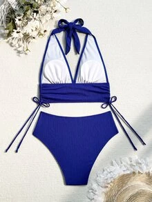 SHEIN Swim Summer Beach Texture Halter Neck Bikini Set, Two-Piece - Royal Blue - View 3