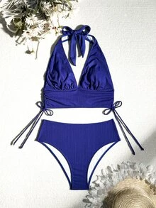 SHEIN Swim Summer Beach Texture Halter Neck Bikini Set, Two-Piece - Royal Blue - View 4