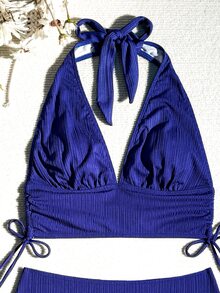 SHEIN Swim Summer Beach Texture Halter Neck Bikini Set, Two-Piece - Royal Blue - View 6