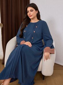 Al Najma Casual Minimalist Contrast Color Round Neck Button Contrast Color Loose Regular Fit Spring Autumn Plus Size Women's Arabian Dress - Navy Blue - View 6