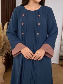 Al Najma Casual Minimalist Contrast Color Round Neck Button Contrast Color Loose Regular Fit Spring Autumn Plus Size Women's Arabian Dress - Navy Blue - View 5