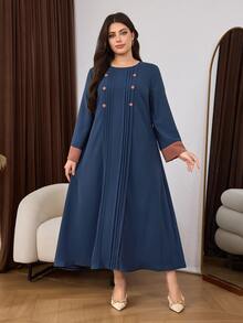 Al Najma Casual Minimalist Contrast Color Round Neck Button Contrast Color Loose Regular Fit Spring Autumn Plus Size Women's Arabian Dress - Navy Blue - View 7