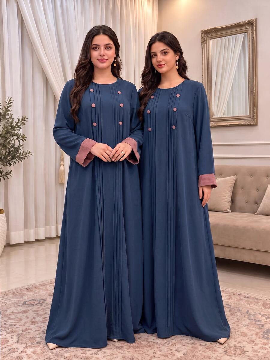 Al Najma Casual Minimalist Contrast Color Round Neck Button Contrast Color Loose Regular Fit Spring Autumn Plus Size Women's Arabian Dress - Navy Blue - View 1